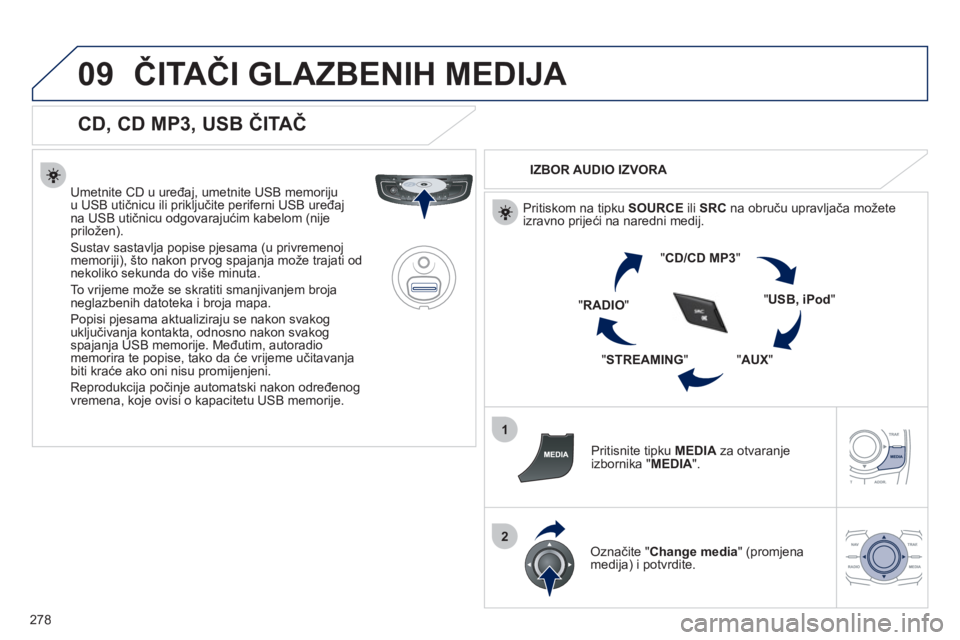 Peugeot 508 2012  Vodič za korisnike (in Croatian) 278
09
1
2
ČITAČI GLAZBENIH MEDIJA 
 
 
CD, CD MP3, USB ČITAČ 
 
 
Umetnite CD u uređaj, umetnite USB memoriju
u USB utičnicu ili priključite periferni USB uređajna USB utičnicu odgovarajući