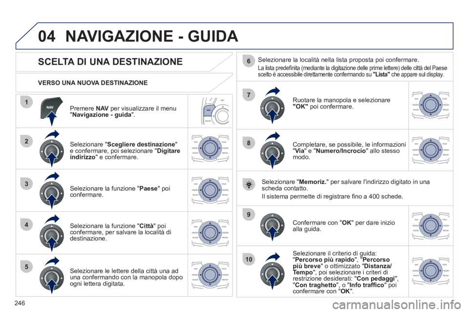 Peugeot 508 2012 Manuale del proprietario (in Italian) 246
04
1
2
3
4
5
7
9
10
8
6
Premere NAV
per visualizzare il menu"Navigazione - guida".
VERSO UNA NUOVA DESTINAZIONE
NAVIGAZIONE - GUIDA
SCELTA DI UNA DESTINAZIONE Peugeot 508 2012 Manuale del proprietario (in Italian) 246
04
1
2
3
4
5
7
9
10
8
6
Premere NAV
per visualizzare il menu"Navigazione - guida".
VERSO UNA NUOVA DESTINAZIONE
NAVIGAZIONE - GUIDA
SCELTA DI UNA DESTINAZIONE