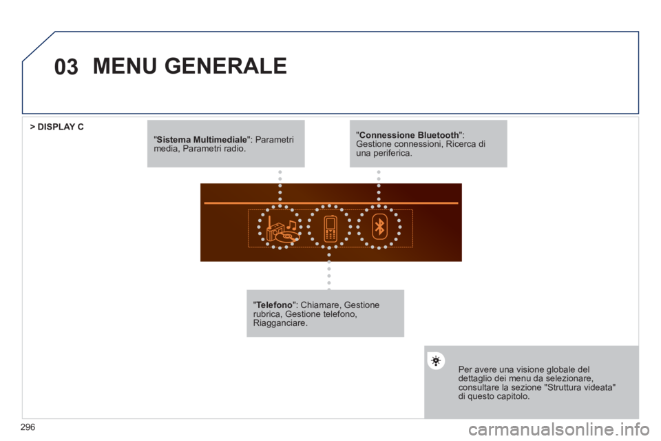 Peugeot 508 2012  Manuale del proprietario (in Italian) 296
03
"Sistema Multimediale  ": Parametri media, Parametri radio.
"Telefono 
": Chiamare, Gestionerubrica, Gestione telefono, Riagganciare.  
 
 Per avere una visione globale del dettaglio dei menu d