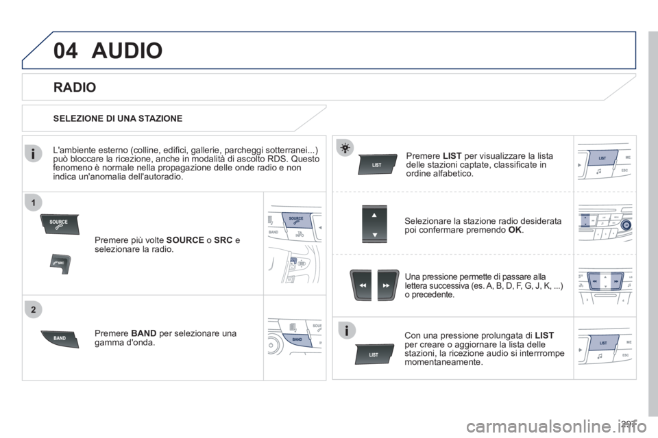 Peugeot 508 2012  Manuale del proprietario (in Italian) 297
1
2
04AUDIO 
Premere più volte  SOURCEo  SRCeselezionare la radio.  
Pr
emere BANDper selezionare unagamma donda.
Premere LISTper visualizzare la lista 
delle stazioni captate, classiﬁ cate in