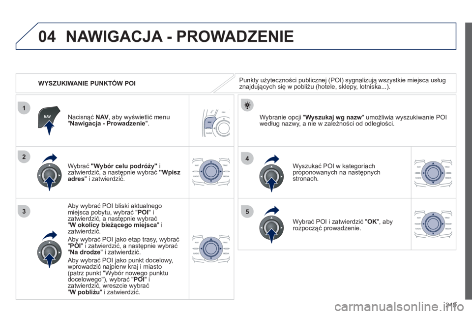 Peugeot 508 2012  Instrukcja Obsługi (in Polish) 249
04
1
3
4
5
2
   
 
WYSZUKIWANIE PUNKTÓW POI
NAWIGACJA - PROWADZENIE 
Punkty użyteczności publicznej (POI) sygnalizują wszystkie miejsca usług 
znajdujących się w pobliżu (hotele, sklepy, l