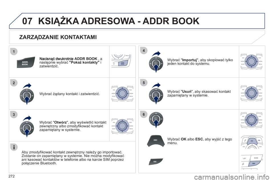Peugeot 508 2012  Instrukcja Obsługi (in Polish) 272
1
2
3
4
5
6
07
   
ZARZĄDZANIE KONTAKTAMI 
ADDR BOOK 
 , anastępnie wybrać "Pokaż kontakty"izatwierdzić.  
W
ybrać żądany kontakt i zatwierdzić.W
ybrać " Importuj 
", aby skopiować tylk