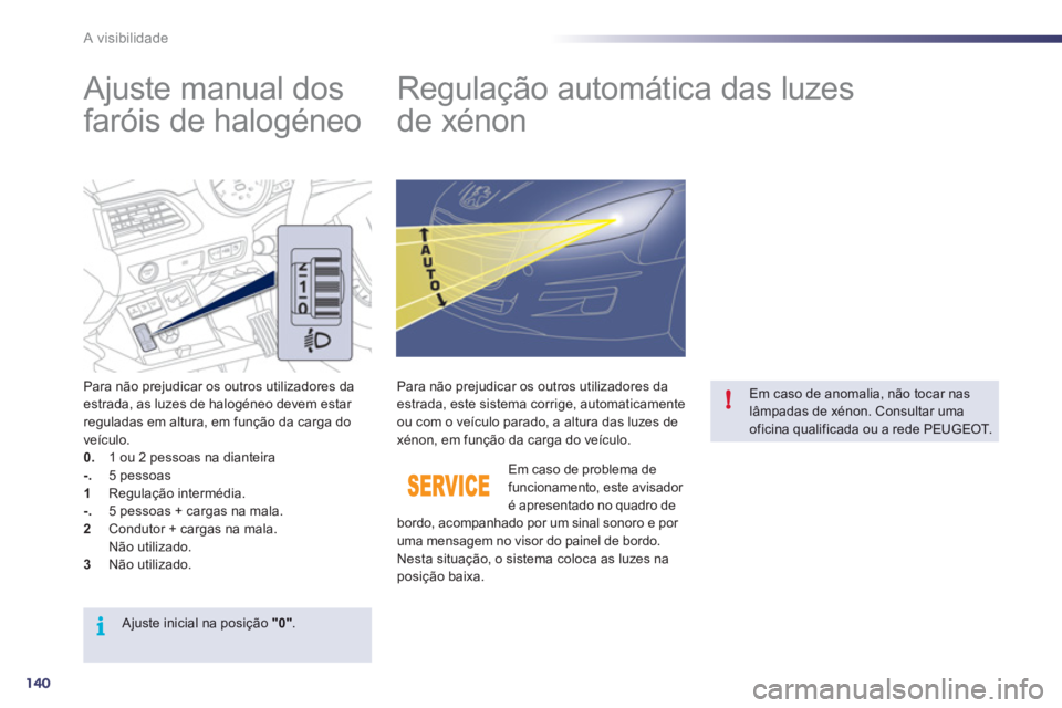 Peugeot 508 2012  Manual do proprietário (in Portuguese) 140
i
!
A visibilidade
   
 
 
 
 
 
Ajuste manual dos 
faróis de halogéneo    
 
 
 
 
 
 
 
Regulação automática das luzes
de xénon 
Para não prejudicar os outros utilizadores daestrada, as l