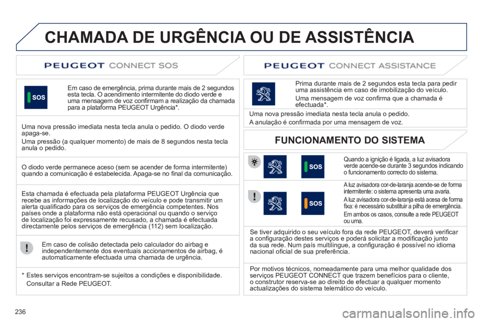 Peugeot 508 2012  Manual do proprietário (in Portuguese) 236
CHAMADA DE URGÊNCIA OU DE ASSISTÊNCIA   
Em caso de emergência, prima durante mais de 2 segundos esta tecla. O acendimento intermitente do diodo verde e uma mensagem de voz conﬁ rmam a realiz