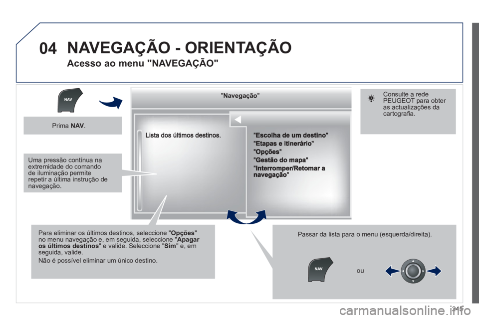 Peugeot 508 2012  Manual do proprietário (in Portuguese) 245
04
""""""""""""gçgçgçgçgçNavegaçãoNavegaçãoNavegaçãoNavegaçãoNavegaçãoNavegaçãoNavegaçãoNavegaçãoNavegaçãoNavegaçãoNavegaçãoNavegaçãoNavegaçãoNãNãNãNãNãNãNãN