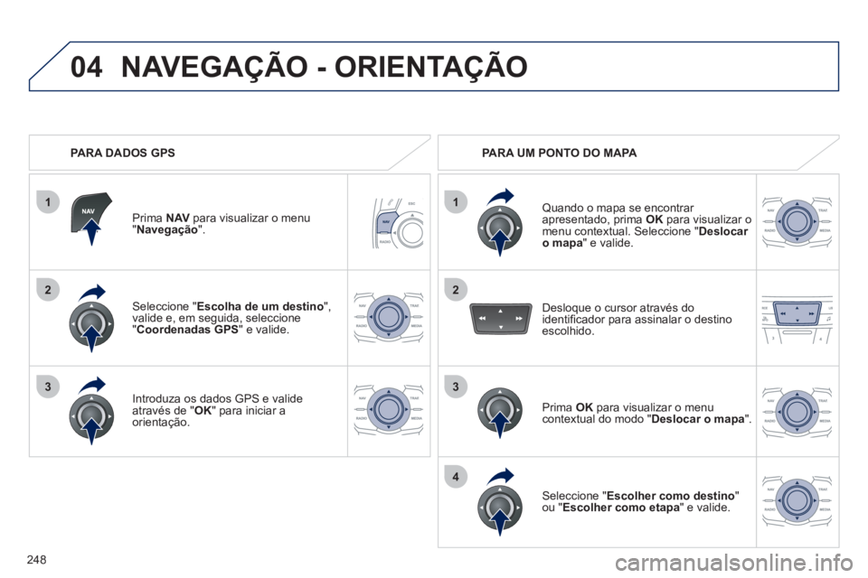 Peugeot 508 2012  Manual do proprietário (in Portuguese) 248
1
04
2
1
2
33
4
Seleccione " Escolha de um destino",valide e, em seguida, seleccione "Coordenadas GPS" e valide.  
Introduza os dados 
GPS e valideatravés de " OK 
" para iniciar a 
orientação.
