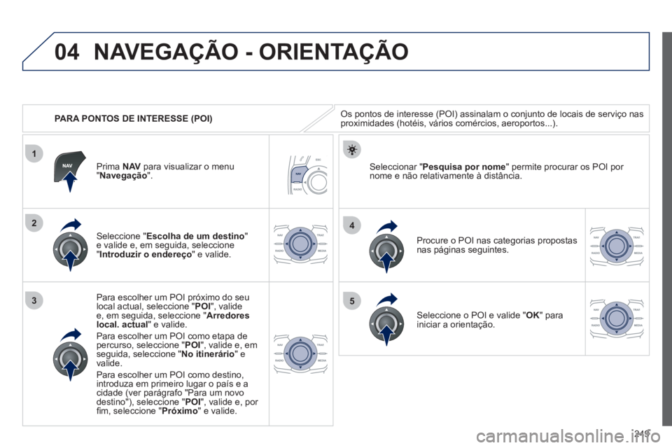 Peugeot 508 2012  Manual do proprietário (in Portuguese) 249
04
1
3
4
5
2
   
 
PARA PONTOS DE INTERESSE (POI)
NAVEGAÇÃO - ORIENTAÇÃO
Os pontos de interesse (POI) assinalam o conjunto de locais de serviço nasproximidades (hotéis, vários comércios, a