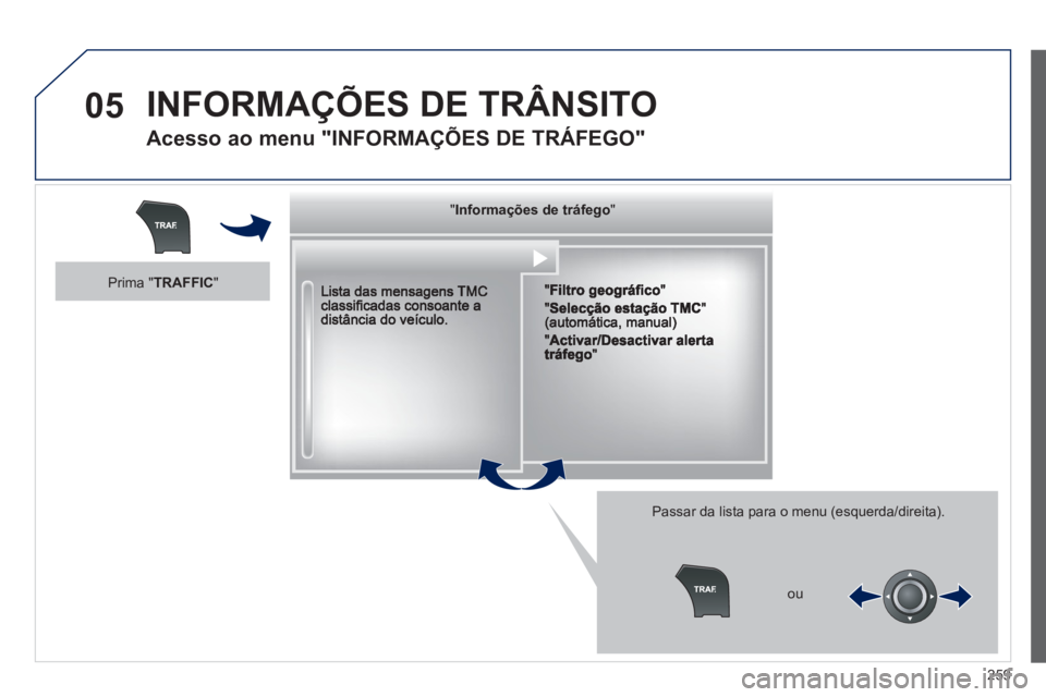 Peugeot 508 2012  Manual do proprietário (in Portuguese) 259
05  INFORMAÇÕES DE TRÂNSITO
 
 
Acesso ao menu "INFORMAÇÕES DE TRÁFEGO" 
 
 
Passar da lista para o menu (esquerda/direita).
"""""""gçgçgçgçgo ações de t á egoInformações de tráfeg
