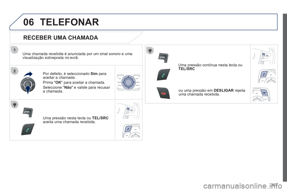 Peugeot 508 2012  Manual do proprietário (in Portuguese) 267
1
2
06TELEFONAR
   
RECEBER UMA CHAMADA 
 
 
Uma chamada recebida é anunciada por um sinal sonoro e uma 
visualização sobreposta no ecrã.  
Por de
feito, é seleccionado  Sim   paraaceitar a c