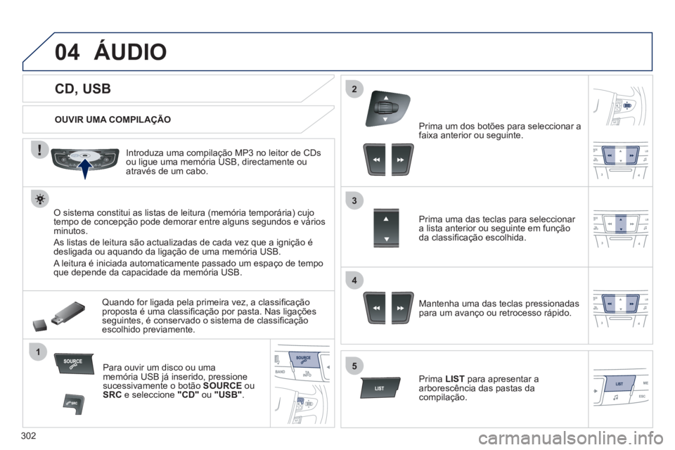 Peugeot 508 2012  Manual do proprietário (in Portuguese) 302
04
1
3
2
4
5
   
 
 
 
 
 
 
 
 
 
 
 
CD, USB 
ÁUDIO 
 
 
OUVIR UMA COMPILAÇÃO
   
Introduza uma compilação MP3 no leitor de 
CDs ou ligue uma memória USB, directamente ouatravés de um cab