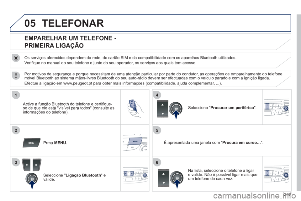 Peugeot 508 2012  Manual do proprietário (in Portuguese) 307
05
1
25
3
4
6
TELEFONAR
   
 
 
 
 
 
 
 
 
 
 
EMPARELHAR UM TELEFONE - 
PRIMEIRA LIGAÇÃO 
   Os serviços oferecidos dependem da rede, do cartão SIM e da compatibilidade com os aparelhos Blue