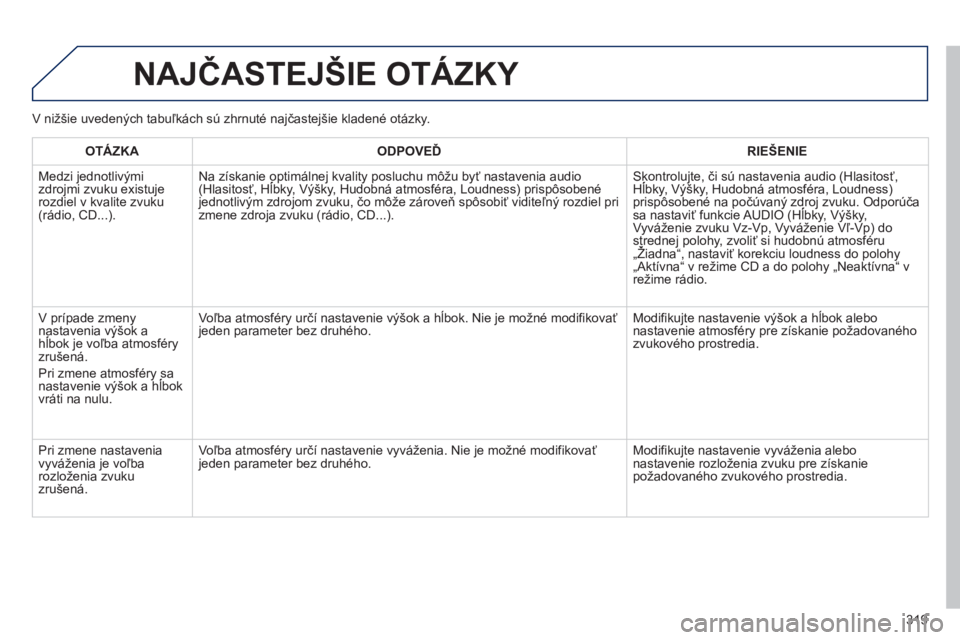 Peugeot 508 2012  Užívateľská príručka (in Slovak) 319
  NAJČASTEJŠIE OTÁZKY 
OTÁZKAODPOVEĎRIE