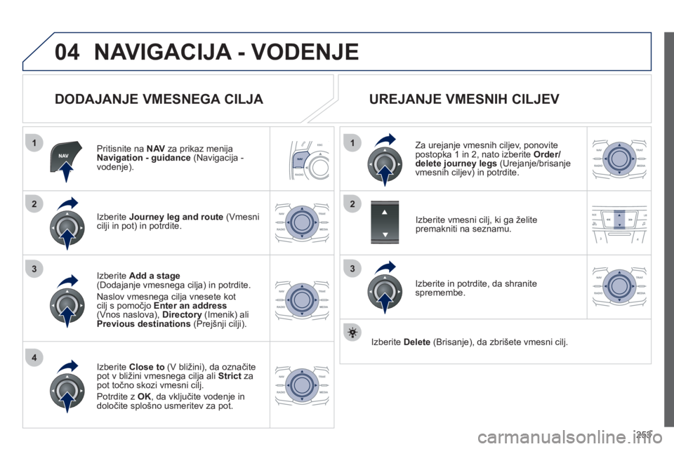 Peugeot 508 2012  Priročnik za lastnika (in Slovenian) 253
04
1
4
3
1
3
22
NAVIGACIJA - VODENJE
   
DODAJANJE VMESNEGA CILJA 
Pritisnite na  NAVza prikaz menija Navigation - guidance 
 (Navigacija -
vodenje).
Iz
berite  Journey leg and route   (Vmesnicilj