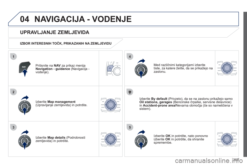 Peugeot 508 2012  Priročnik za lastnika (in Slovenian) 255
04
35
1
2
4
NAVIGACIJA - VODENJE
Pritisnite na  NAVza prikaz menija 
Navigation - guidance   (Navigacija -
vodenje).
   
UPRAVLJANJE ZEMLJEVIDA 
 
 
IZBOR INTERESNIH TOČK, PRIKAZANIH NA ZEMLJEVID