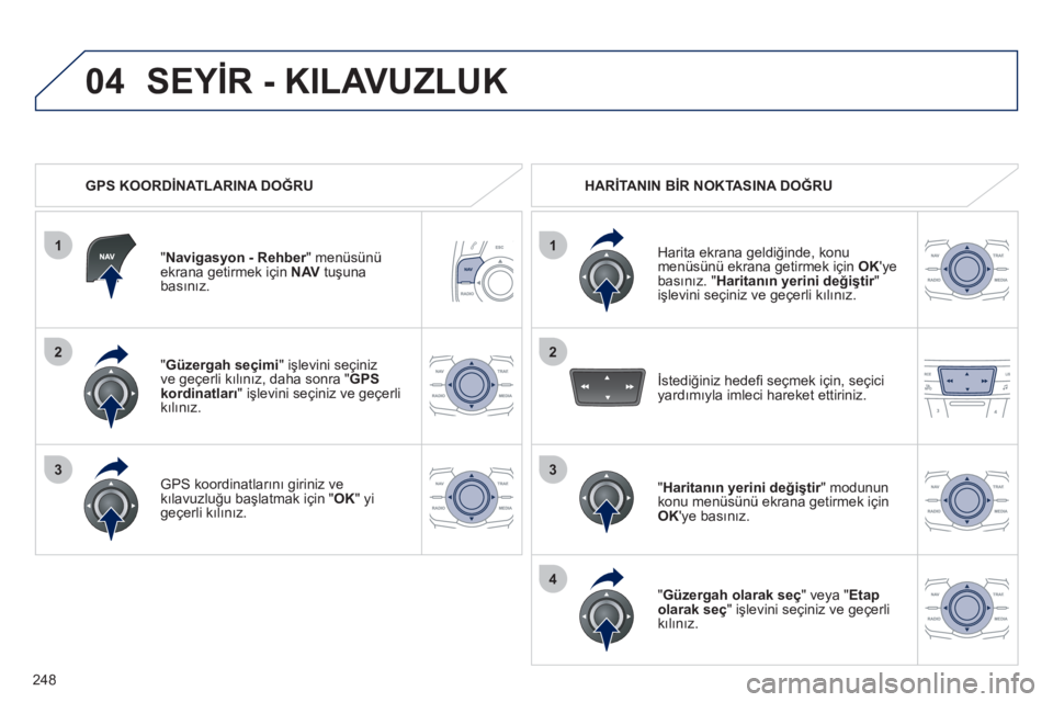 Peugeot 508 2012  Kullanım Kılavuzu (in Turkish) 248
1
04
2
1
2
33
4
"Güzergah seçimi 
" işlevini seçiniz 
ve geçerli kılınız, daha sonra " GPS
kordinatları  " işlevini seçiniz ve geçerli kılınız.
GPS koordinatlarını giriniz ve kıl