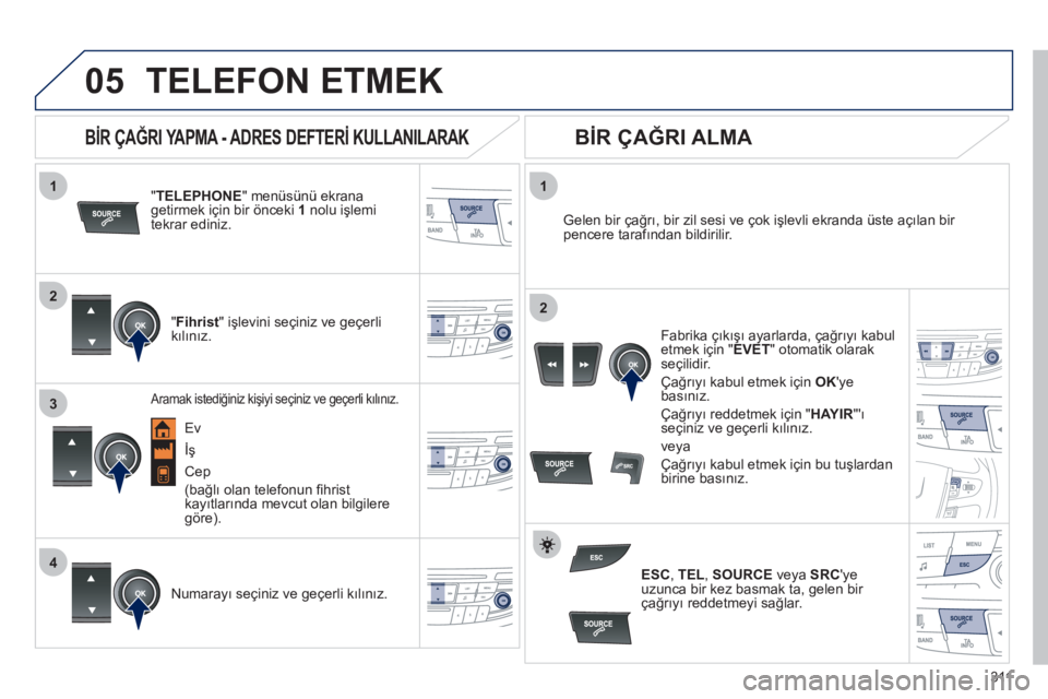Peugeot 508 2012  Kullanım Kılavuzu (in Turkish) 311
 
  
1
2
1
4
2
3
05TELEFON ETMEK 
"TELEPHONE " menüsünü ekranagetirmek için bir önceki 1 
 nolu işlemi 
tekrar ediniz.
   
" Fihris
t 
" işlevini seçiniz ve geçerlikılınız.
 
 
Gelen b