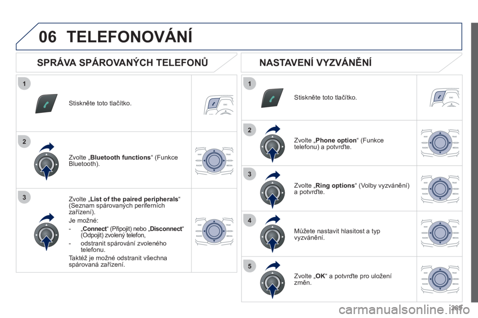 Peugeot 508 2012  Návod k obsluze (in Czech) 269
1
2
3
1
2
3
4
5
06
Stiskněte toto tlačítko.  
Zvolte „List of the paired peripherals “(Seznam spárovaných periferních
zařízení).  
Je možné: 
-  
„Connect“ (Připojit) nebo „t