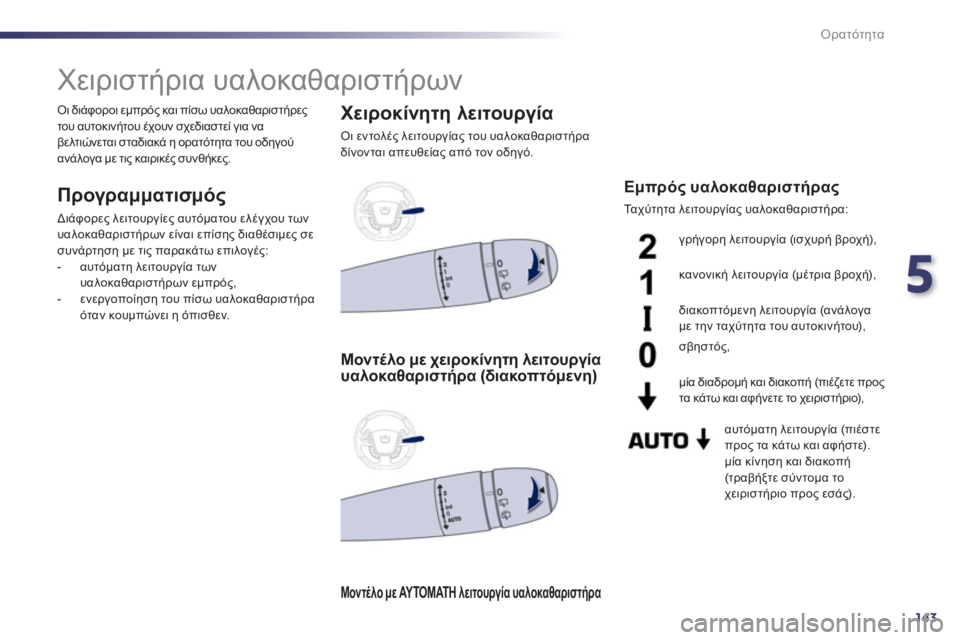 Peugeot 508 2012 Εγχειρίδιο χρήσης (in Greek) 5
143
Ορατότητα
Χειριστήρια υαλοκαθαριστήρων
Προγραμματισμός
Διάφορες λειτουργίες αυτόματου ελ Peugeot 508 2012 Εγχειρίδιο χρήσης (in Greek) 5
143
Ορατότητα
Χειριστήρια υαλοκαθαριστήρων
Προγραμματισμός
Διάφορες λειτουργίες αυτόματου ελ
