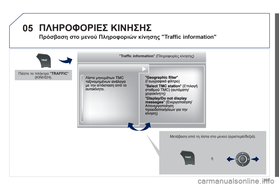 Peugeot 508 2012  Εγχειρίδιο χρήσης (in Greek) 259
05  ΠΛΗΡΟΦΟΡΙΕΣ ΚΙΝΗΣΗΣ 
 
 
Πρόσβαση στο μενού Πληροφοριών κίνησης "Traffic information" 
Μετάβαση από τη λίστα στο μεν
