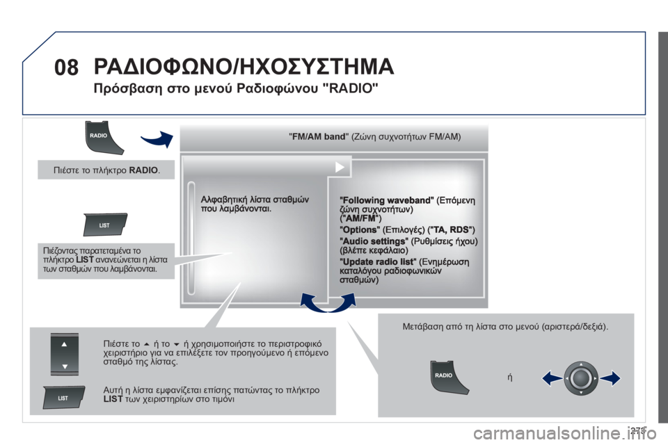 Peugeot 508 2012 Εγχειρίδιο χρήσης (in Greek) 273
08 ΡΑΔΙΟΦΩΝΟ/ΗΧΟΣΥΣΤΗΜΑ
Πρόσβαση στο μενού Ραδιοφώνου "RADIO"
"""""""FM/AM bandFM/AM bandFM/AM bandFM/AM bandFM/AM bandFM/AM bandFM/AM b Peugeot 508 2012 Εγχειρίδιο χρήσης (in Greek) 273
08 ΡΑΔΙΟΦΩΝΟ/ΗΧΟΣΥΣΤΗΜΑ
Πρόσβαση στο μενού Ραδιοφώνου "RADIO"
"""""""FM/AM bandFM/AM bandFM/AM bandFM/AM bandFM/AM bandFM/AM bandFM/AM b