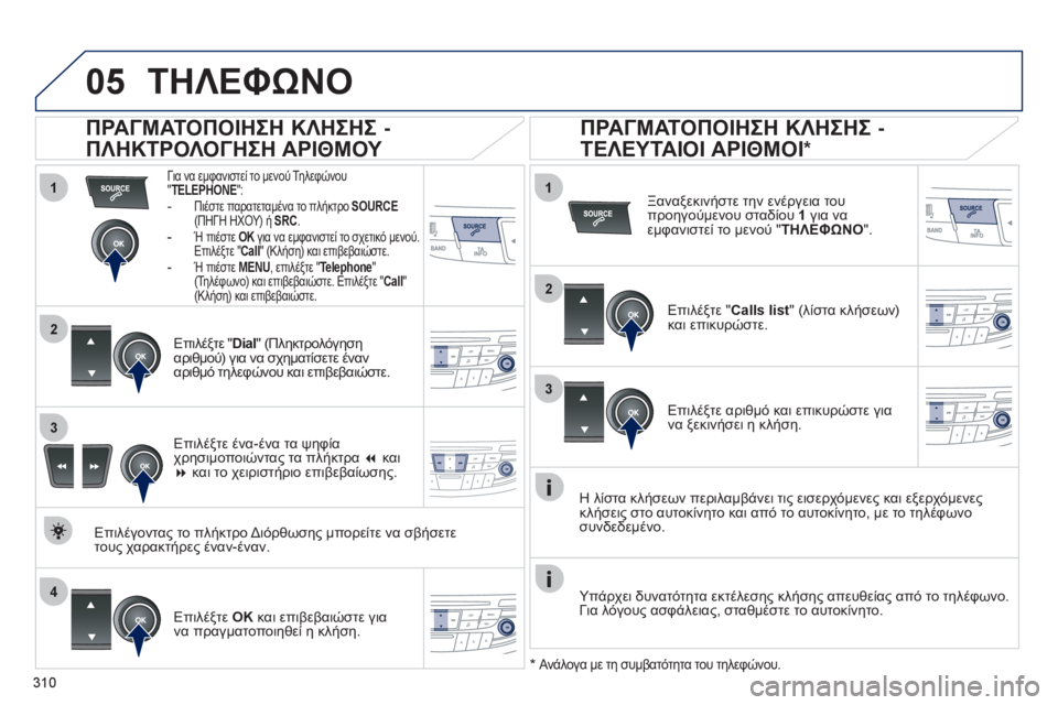 Peugeot 508 2012 Εγχειρίδιο χρήσης (in Greek) 310
1
2
1
4
2
3
3
05ΤΗΛΕΦΩΝΟ
Για να εμφανιστεί το μενού Τηλεφώνου"TELEPHONE":-Πιέστε παρατεταμένα το πλήκτρο SOURCE (ΠΗΓΗ Η Peugeot 508 2012 Εγχειρίδιο χρήσης (in Greek) 310
1
2
1
4
2
3
3
05ΤΗΛΕΦΩΝΟ
Για να εμφανιστεί το μενού Τηλεφώνου"TELEPHONE":-Πιέστε παρατεταμένα το πλήκτρο SOURCE (ΠΗΓΗ Η