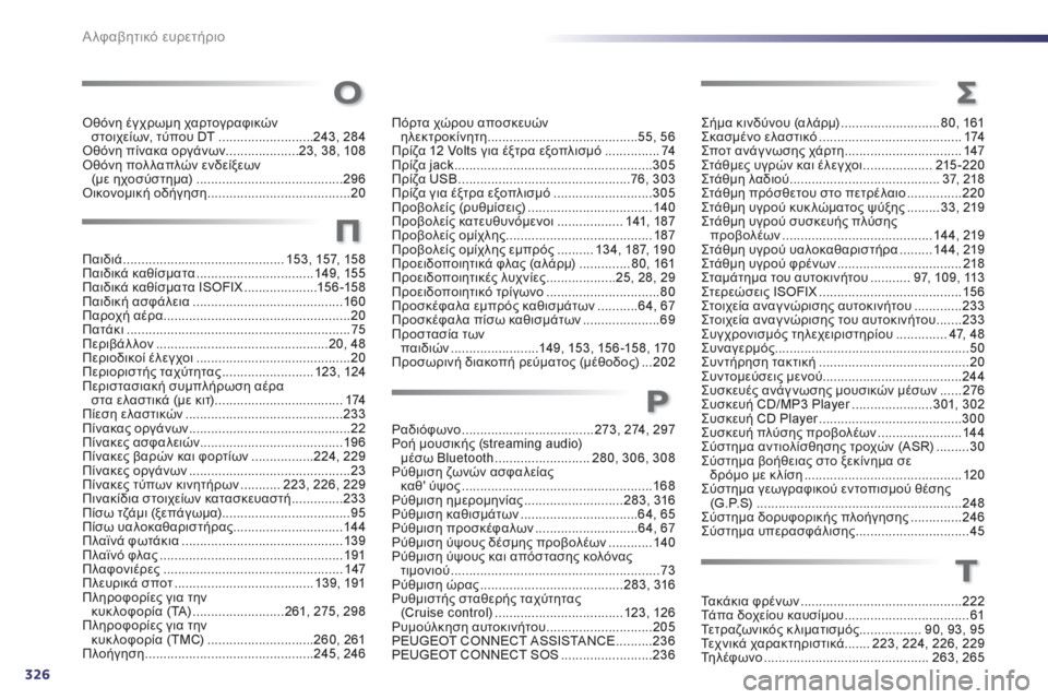 Peugeot 508 2012 Εγχειρίδιο χρήσης (in Greek) 326
Αλφαβητικό ευρετήριο
Οθόνη έγχρωμη χαρτογραφικών
στοιχείων, τύπου DT..........................243, 284Οθόνη πίνακα οργάν Peugeot 508 2012 Εγχειρίδιο χρήσης (in Greek) 326
Αλφαβητικό ευρετήριο
Οθόνη έγχρωμη χαρτογραφικών
στοιχείων, τύπου DT..........................243, 284Οθόνη πίνακα οργάν