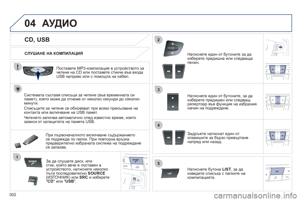 Peugeot 508 2012 Ръководство за експлоатация (in Bulgarian) 302
04
1
3
2
4
5
CD, USB
АУДИО
СЛУШАНЕ НА КОМПИЛАЦИЯ
Поставете МР
3-компилация в устройството за
чете Peugeot 508 2012 Ръководство за експлоатация (in Bulgarian) 302
04
1
3
2
4
5
CD, USB
АУДИО
СЛУШАНЕ НА КОМПИЛАЦИЯ
Поставете МР
3-компилация в устройството за
чете