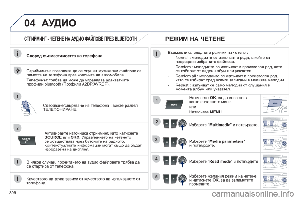 Peugeot 508 2012 Ръководство за експлоатация (in Bulgarian) 306
04
1
2
1
2
3
4
5
АУДИО
СТРИЙМИНГ - ЧЕТЕНЕ НА АУДИО ФАЙЛОВЕ ПРЕЗ BLUETOOTH
Според съвместимостта на телефона
Сд Peugeot 508 2012 Ръководство за експлоатация (in Bulgarian) 306
04
1
2
1
2
3
4
5
АУДИО
СТРИЙМИНГ - ЧЕТЕНЕ НА АУДИО ФАЙЛОВЕ ПРЕЗ BLUETOOTH
Според съвместимостта на телефона
Сд