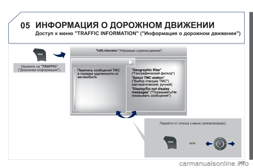 Peugeot 508 2012  Инструкция по эксплуатации (in Russian) 259
05  ИНФОРМАЦИЯ О ДОРОЖНОМ ДВИЖЕНИИ 
 
 
Доступ к меню "TRAFFIC INFORMATION" ("Информация о дорожном движении") 
Перейти от