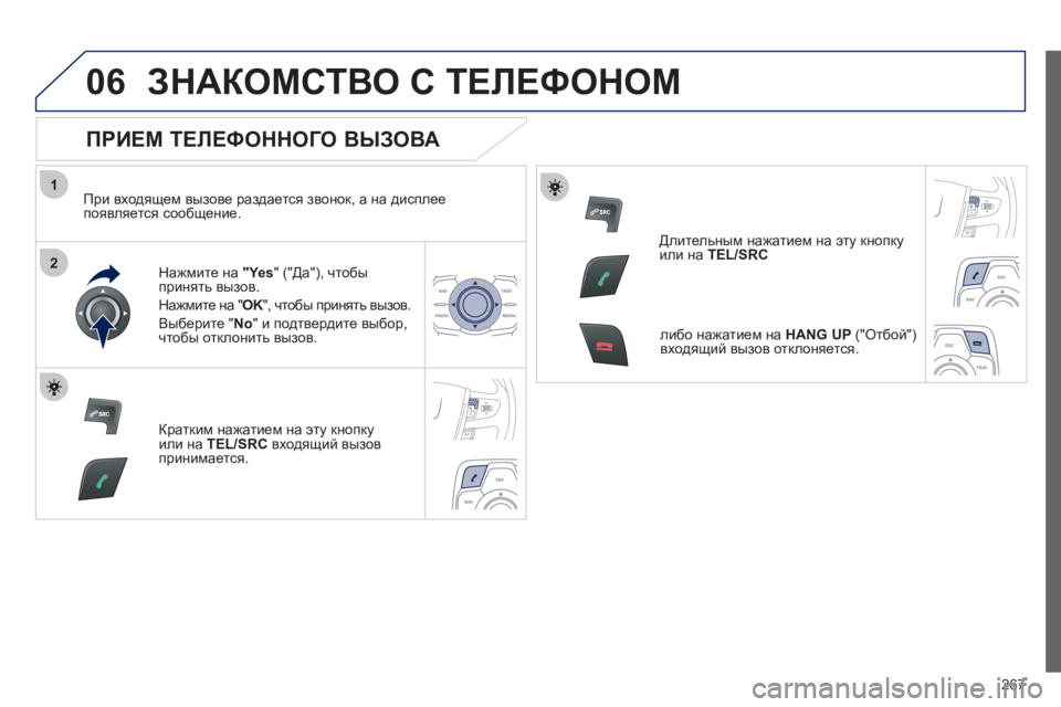 Peugeot 508 2012  Инструкция по эксплуатации (in Russian) 267
1
2
06ЗНАКОМСТВО С ТЕЛЕФОНОМ 
 
 
ПРИЕМ ТЕЛЕФОННОГО ВЫЗОВА 
 
 
При входящем вызове раздается звонок, а на диспле
