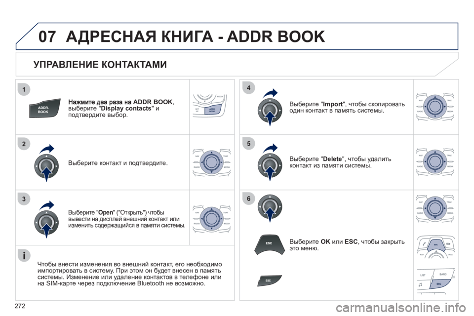 Peugeot 508 2012  Инструкция по эксплуатации (in Russian) 272
1
2
3
4
5
6
07
   
УПРАВЛЕНИЕ КОНТАКТАМИ 
ADDR BOOK, 
выберите "Display contacts"иподтвердите выбор.  
Выберите контакт и подтве