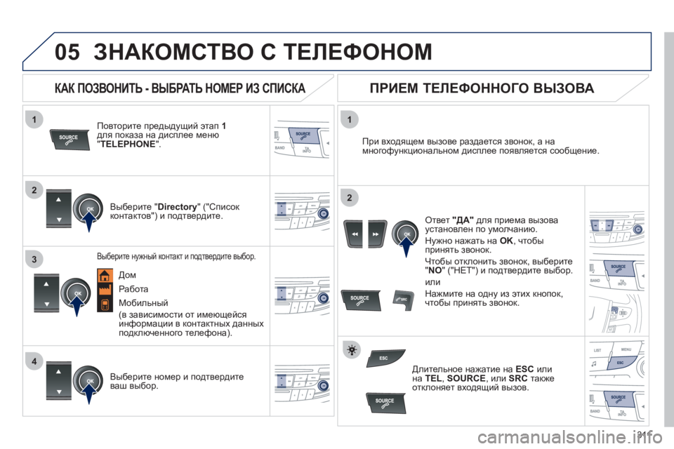 Peugeot 508 2012  Инструкция по эксплуатации (in Russian) 311
 
  
1
2
1
4
2
3
05ЗНАКОМСТВО С ТЕЛЕФОНОМ 
Повторите предыдущий этап  1для показа на дисплее меню"TELEPHONE 
".
   
Выбе
рит
