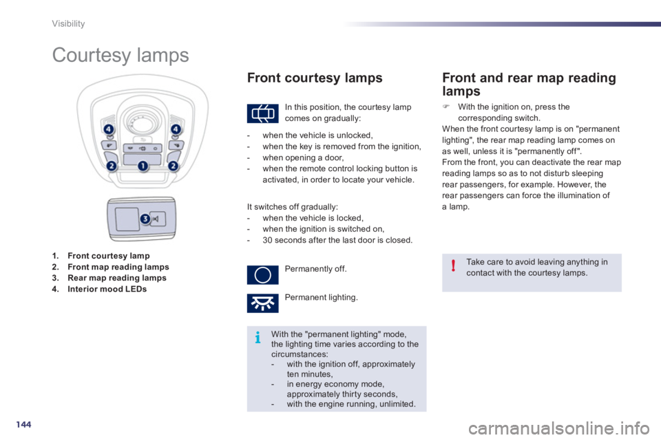 Peugeot 508 2011  Owners Manual - RHD (UK, Australia) 144
i!
Visibility
   
 
1. 
  Front cour tesy lamp 
 
   
2. 
  Front map reading lamp s 
   
3. 
  Rear map reading lamp s 
   
4. 
  Interior mood LEDs 
 
 
 
 
 
 
 
 
 
 
 
 
 
 
Courtesy lamps 
 