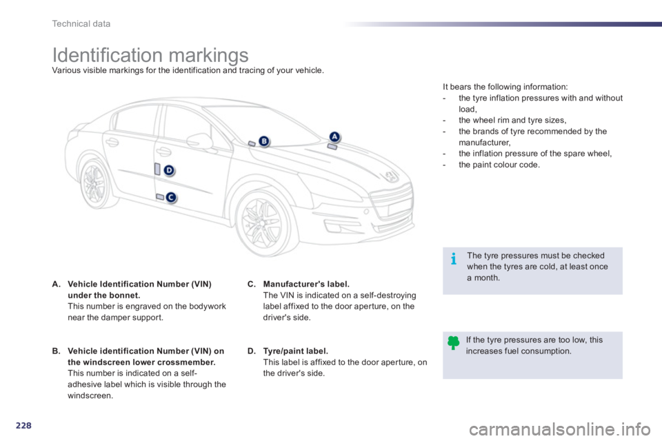 Peugeot 508 2011 Owners Manual - RHD (UK, Australia) 228
i
Technical data
Identifi cation markings
Various visible markings for the identification and tracing of your vehicle.
A.
Vehicle Id Peugeot 508 2011 Owners Manual - RHD (UK, Australia) 228
i
Technical data
Identifi cation markings
Various visible markings for the identification and tracing of your vehicle.
A.
Vehicle Id