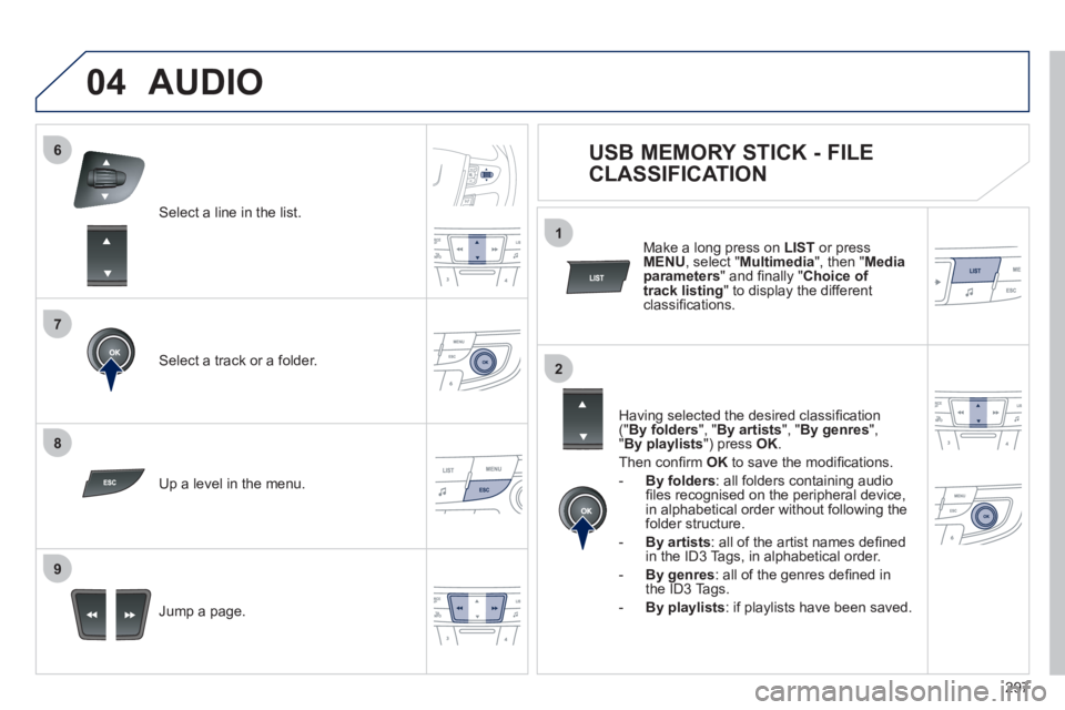 Peugeot 508 2011  Owners Manual - RHD (UK, Australia) 297
7
6
8
9
2
1
04
   
Select a line in the list.  
   
Select a track or a folder.  
   
Jump a page.  
     
Up a level in the menu.  
 
AUDIO 
 
 
 
 
 
 
 
 
 
 
USB MEMORY STICK - FILE 
CLASSIFIC