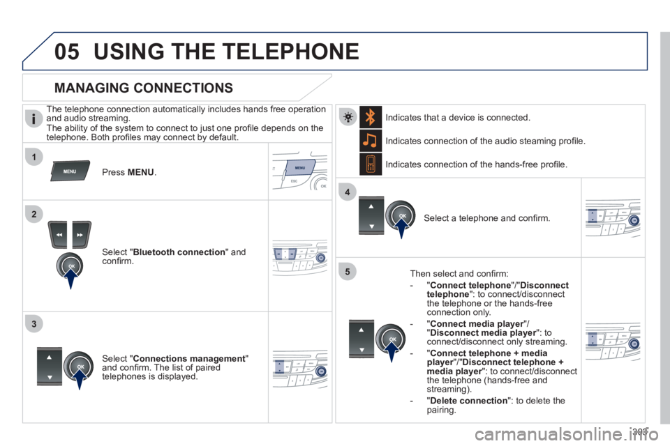 Peugeot 508 2011  Owners Manual - RHD (UK, Australia)  
 
303
1
2
3
4
05
5
  USING THE TELEPHONE 
 
 
The telephone connection automatically includes hands free operation 
and audio streaming. 
  The ability of the system to connect to just one proﬁ le