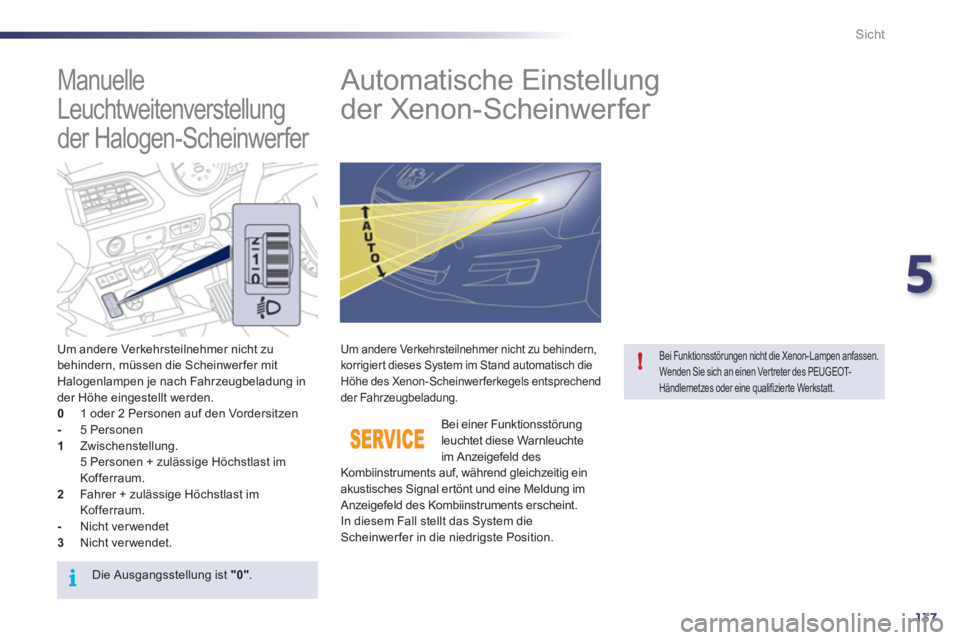 Peugeot 508 2011 Betriebsanleitung (in German) 5
137
i
!
Sicht
Manuelle
Leuchtweitenverstellung
der Halogen-Scheinwerfer
Automatische Einstellung
der Xenon-Scheinwerfer
Um andere Verkehrsteilnehmer nicht zu Peugeot 508 2011 Betriebsanleitung (in German) 5
137
i
!
Sicht
Manuelle
Leuchtweitenverstellung
der Halogen-Scheinwerfer
Automatische Einstellung
der Xenon-Scheinwerfer
Um andere Verkehrsteilnehmer nicht zu