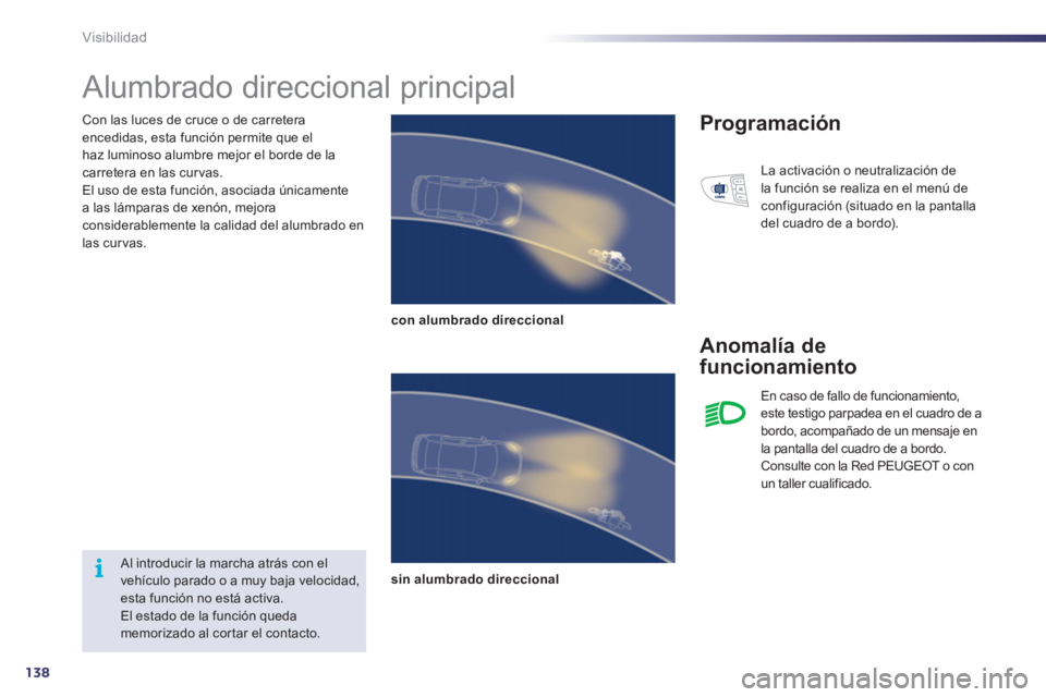 Peugeot 508 2011  Manual del propietario (in Spanish) 138
i
Visibilidad
   
Con las luces de cruce o de carretera 
encedidas, esta función permite que el 
haz luminoso alumbre mejor el borde de la 
carretera en las curvas. 
  El uso de esta función, as