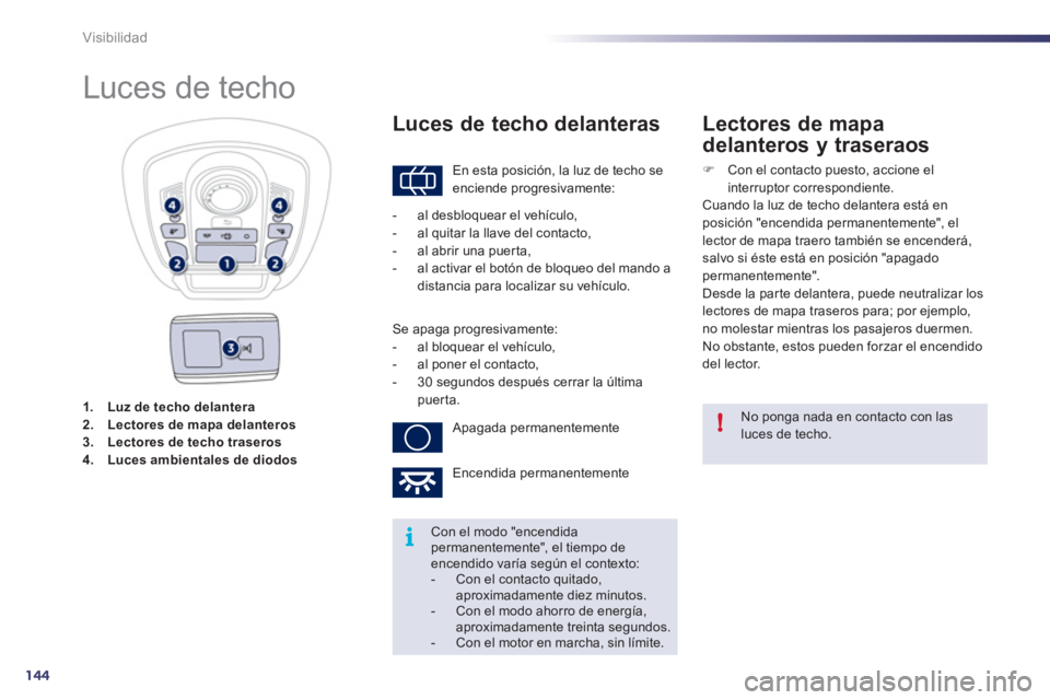 Peugeot 508 2011  Manual del propietario (in Spanish) 144
i!
Visibilidad
   
 
1. 
  Luz de techo delantera 
 
   
2. 
  Lectores de mapa delanteros 
 
   
3. 
  Lectores de techo traseros 
 
   
4. 
  Luces ambientales 
 
 de  
 
diodos 
 
 
 
 
 
 
 
 