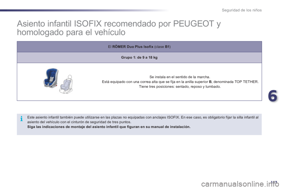 Peugeot 508 2011  Manual del propietario (in Spanish) 6
153
i
Seguridad de los niños
   
 
 
 
 
 
 
 
 
 
Asiento infantil ISOFIX recomendado por PEUGEOT y 
homologado para el vehículo 
   
El  RÖMER Duo 
  Plus 
  Isofix 
 (c lase  B1 
)  
   
 
Gru
