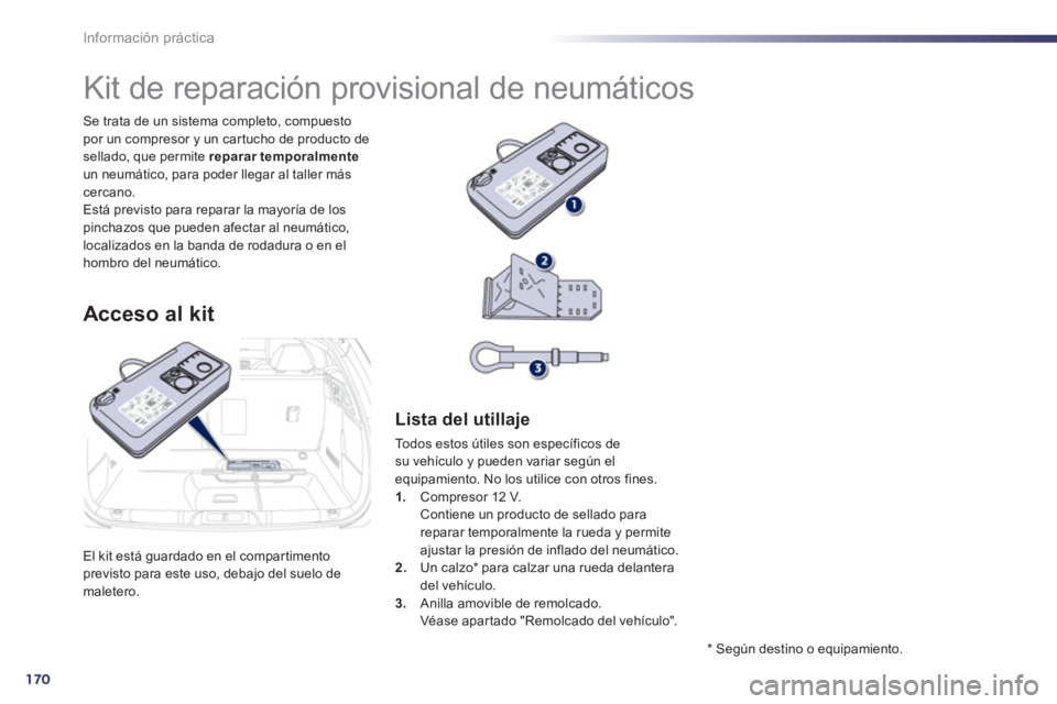 Peugeot 508 2011  Manual del propietario (in Spanish) 170
Información práctica
  El kit está guardado en el compartimento 
previsto para este uso, debajo del suelo de 
maletero.     Se trata de un sistema completo, compuesto 
por un compresor y un car