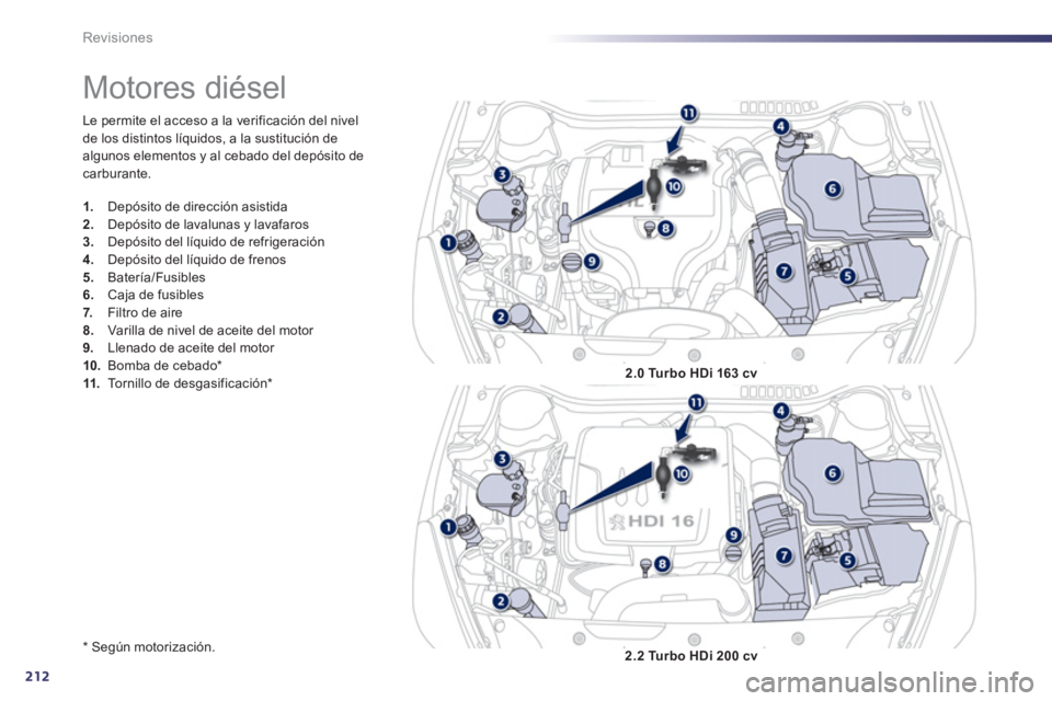 Peugeot 508 2011  Manual del propietario (in Spanish) 212
Revisiones
  Le permite el acceso a la verificación del nivel 
de los distintos líquidos, a la sustitución de 
algunos elementos y al cebado del depósito de 
carburante. 
   
*  
 Según motor