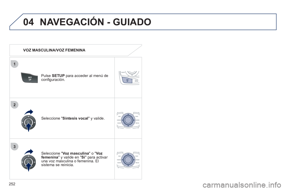 Peugeot 508 2011  Manual del propietario (in Spanish) 252
04
3
1
2
  NAVEGACIÓN - GUIADO 
 
 
 
VOZ MASCULINA/VOZ FEMENINA  
   
Pulse  SETUP 
 para acceder al menú de 
conﬁ guración.  
   
Seleccione " Voz masculina 
" o " Vo z  
femenina 
" y vali