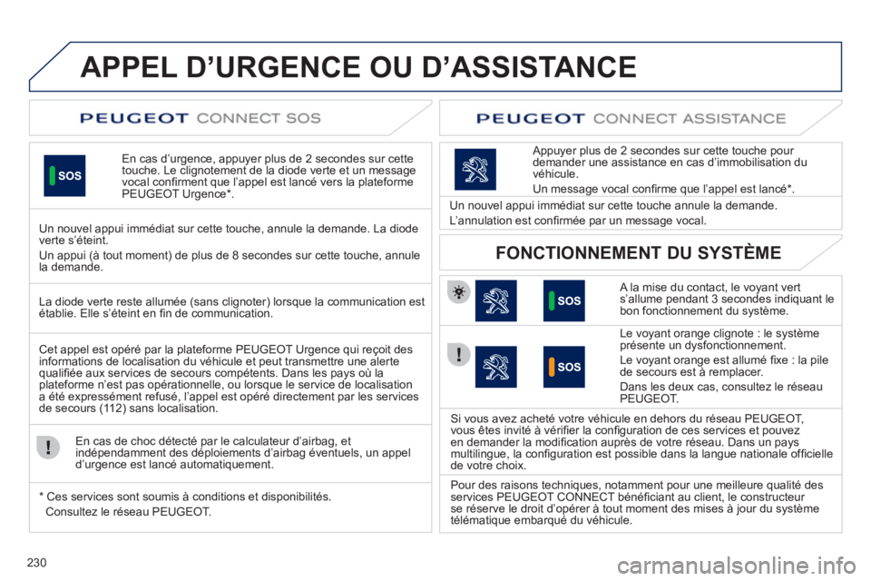 Peugeot 508 2011 Manuel du propriétaire (in French) 230
APPEL D’URGENCE OU D’ASSISTANCE
En cas d’urgence, appuyer plus de 2 secondes sur cette
touche. Le clignotement de la diode verte et un message
vocal confi rment que líappel est lancÈ ver Peugeot 508 2011 Manuel du propriétaire (in French) 230
APPEL D’URGENCE OU D’ASSISTANCE
En cas d’urgence, appuyer plus de 2 secondes sur cette
touche. Le clignotement de la diode verte et un message
vocal confi rment que líappel est lancÈ ver