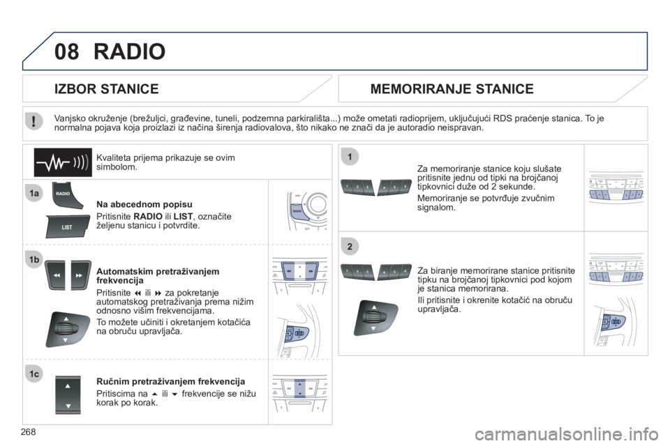 Peugeot 508 2011  Vodič za korisnike (in Croatian) 268
08
1a
1b
1c
1
2
RADIO
Na abecednom popisu 
Priti
snite RADIO 
 ili  LIST 
, označite