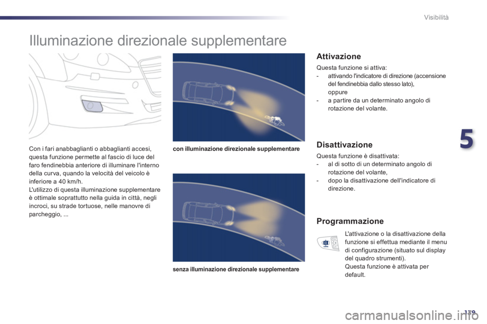 Peugeot 508 2011  Manuale del proprietario (in Italian) 5
139
Visibilità
   
 
 
 
 
Illuminazione direzionale supplementare 
 
 
Con i fari anabbaglianti o abbaglianti accesi, 
questa funzione permette al fascio di luce del 
faro fendinebbia anteriore di
