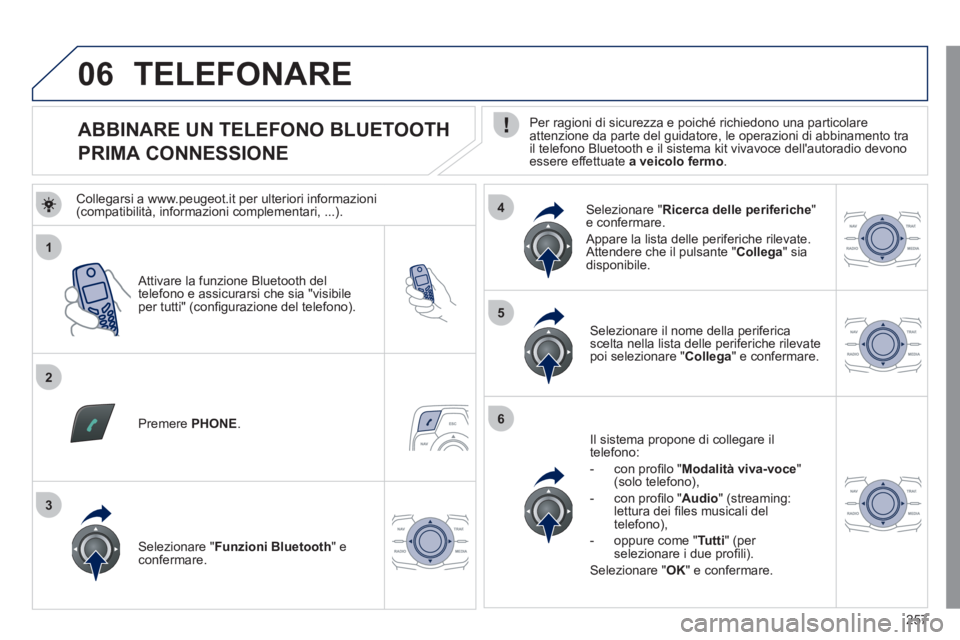 Peugeot 508 2011  Manuale del proprietario (in Italian) 257
1
2
5
6
3
4
06
   
 
 
 
 
 
 
 
 
 
 
 
 
 
 
ABBINARE UN TELEFONO BLUETOOTH  
PRIMA CONNESSIONE    
Per ragioni di sicurezza e poiché richiedono una particolare 
attenzione da parte del guidato