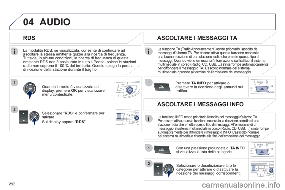 Peugeot 508 2011  Manuale del proprietario (in Italian) 292
1
2
04
1
1
2
   
La modalità RDS, se visualizzata, consente di continuare ad 
ascoltare la stessa emittente grazie alla ricerca di frequenza. 
Tuttavia, in alcune condizioni, la ricerca di freque