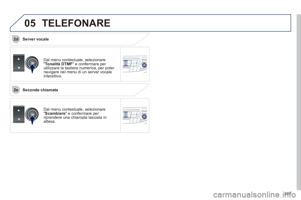 Peugeot 508 2011  Manuale del proprietario (in Italian) 307
 
2e
2d
05  TELEFONARE 
 
Dal menu contestuale, selezionare 
" Tonalità DTMF 
" e confermare per 
utilizzare la tastiera numerica, per poter 
navigare nel menu di un server vocale 
interattivo.  