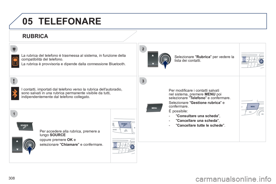 Peugeot 508 2011  Manuale del proprietario (in Italian) 308
 
  
2
3
1
05  TELEFONARE 
 
 
RUBRICA 
 
 
La rubrica del telefono è trasmessa al sistema, in funzione della 
compatibilità del telefono. 
  La rubrica è provvisoria e dipende dalla connession